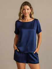 19Momme Women's Silk Short Sleeve Round Collar Pajamas Set with Side Pocket Design
