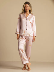 19Momme Pure Silk Crane Print Women's Long Sleeve Notch Collar Pajamas Set