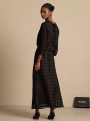 Pure Silk Women's Textured Grid Crop Blouse & A-Line Long Skirt Set