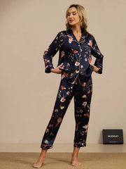 Women's Pure Silk Navy Floral Print Long Sleeve Notch Collar Button Up Pajamas Set