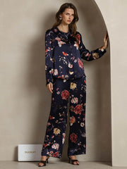 19Momme Women's Silk Navy Floral Print Button-Up Shirt & Wide-Leg Pants Set