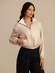 Pure Silk Women's Short Stand Collar Reversible Jacket With Pockets