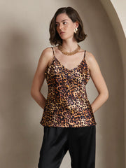 Pure Silk Leopard Print Spaghetti Strap V Neck Camisoles Top