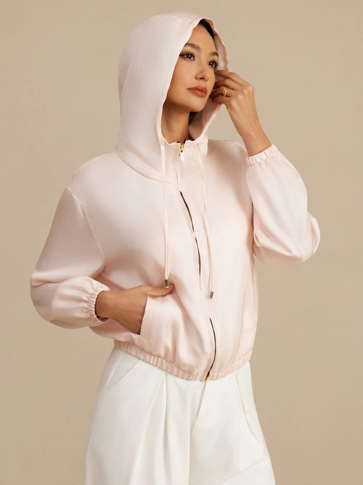 Pure Silk Women's Short Hooded Jacket With Pockets