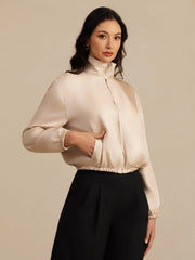 Pure Silk Women's Short Stand Collar Reversible Jacket With Pockets