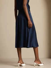 19Momme Silk High-Waist A-Line Midi Skirt with Pockets