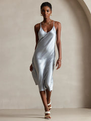 Pure Silk Spaghetti Strap V Neck Midi Dress with Criss Cross Back Design