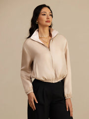 Pure Silk Women's Short Stand Collar Reversible Jacket With Pockets