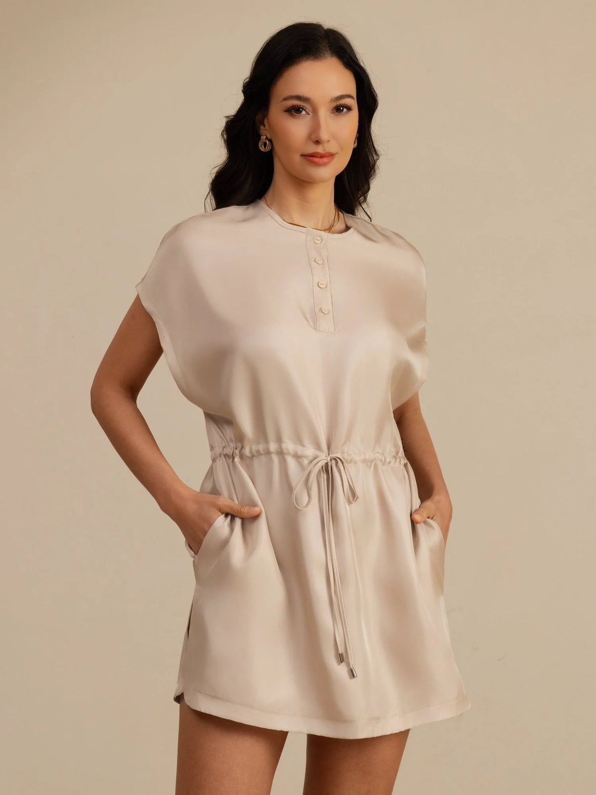 Pure Silk Henley Neck Cap Sleeve Short Dress With Drawstring