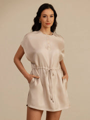 Pure Silk Henley Neck Cap Sleeve Short Dress With Drawstring