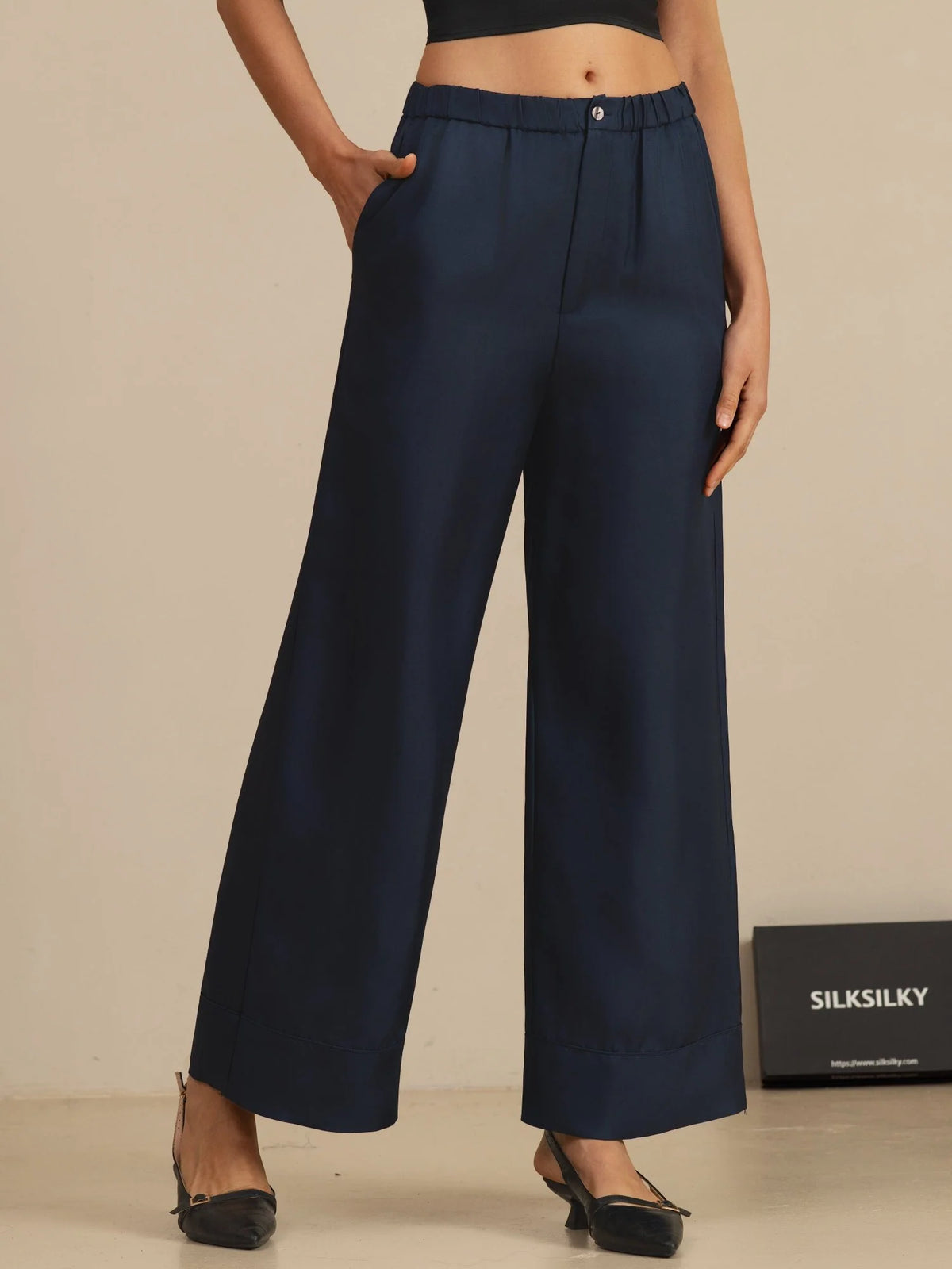 Pure Silk Women’s High Waist Full Length Elastic Waist Pants With Pockets