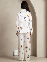 19Momme Women's Silk White Butterfly Print Button-Up Shirt & Wide-Leg Pants Set