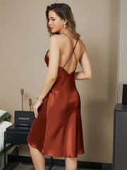 19Momme Pure Silk Spaghetti Strap V-neck Knee Nightgown with Criss Cross Back Design