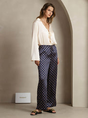 19Momme Silk Navy Chain Print Wide Leg Women's Pants With Side Pockets Design