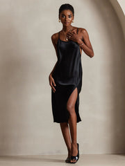 Pure Silk Spaghetti Strap U Neck Knee Dress with Split Criss Cross V-Back Design