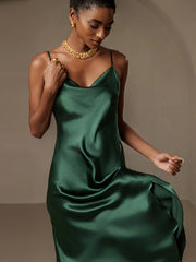Pure Silk Spaghetti Strap Cowl Neck Bias Midi Dress with Split Design