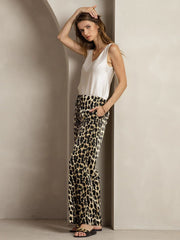 19Momme Silk Leopard Print Wide Leg Women's Pants With Side Pockets Design