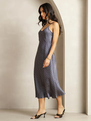 19Momme Silk Navy Ginkgo Print V Neck Adjustable Strap Midi Dress