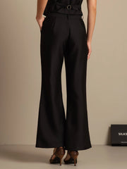 32Momme Silk-Wool Blend High Waist Micro-horn Wide Leg Women's Pants with Side Pockets  Design