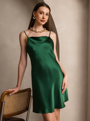 100% Mulberry Silk Spaghetti Strap Cowl Neck Short Dress