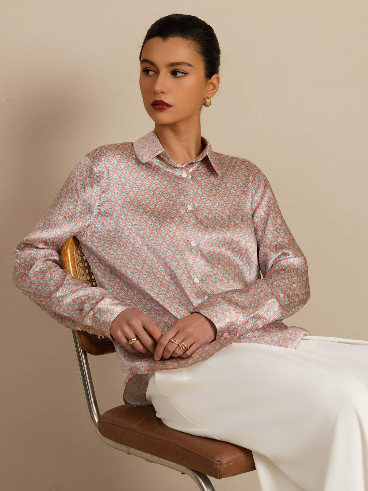 Pure Silk Women’s Long Sleeve Lapel Collar Floral Print Shirt