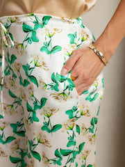 19Momme Silk Green Floral Print Wide Leg Women's Pants With Side Pockets Design