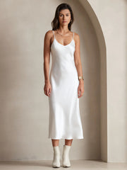 Pure Silk Spaghetti Strap V Neck Midi Dress