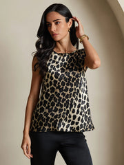 19Momme Silk Leopard Print Cap Sleeve Round Neck Women's Top