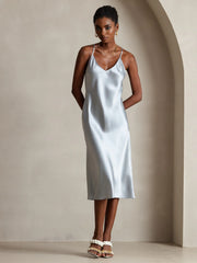 Pure Silk Spaghetti Strap V Neck Midi Dress with Criss Cross Back Design