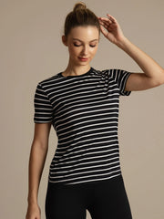 Pure Silk Short Sleeve Round Neck Women's Stripe Sport T-shirt