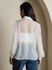 Pure Silk Chiffon Women's Lantern Sleeve Tie Neck Sheer Blouse