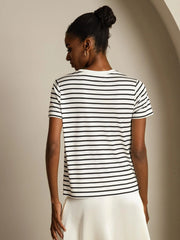Pure Silk Crew Neck Short Sleeve Women's Sport Stripe Print T-Shirt