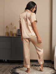 Pure Silk Geometric Print Short Sleeve Notch Collar Women's Pajamas Set With Pants