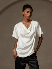 19Momme Women's Silk Short Sleeve Cowl Neck T-Shirt