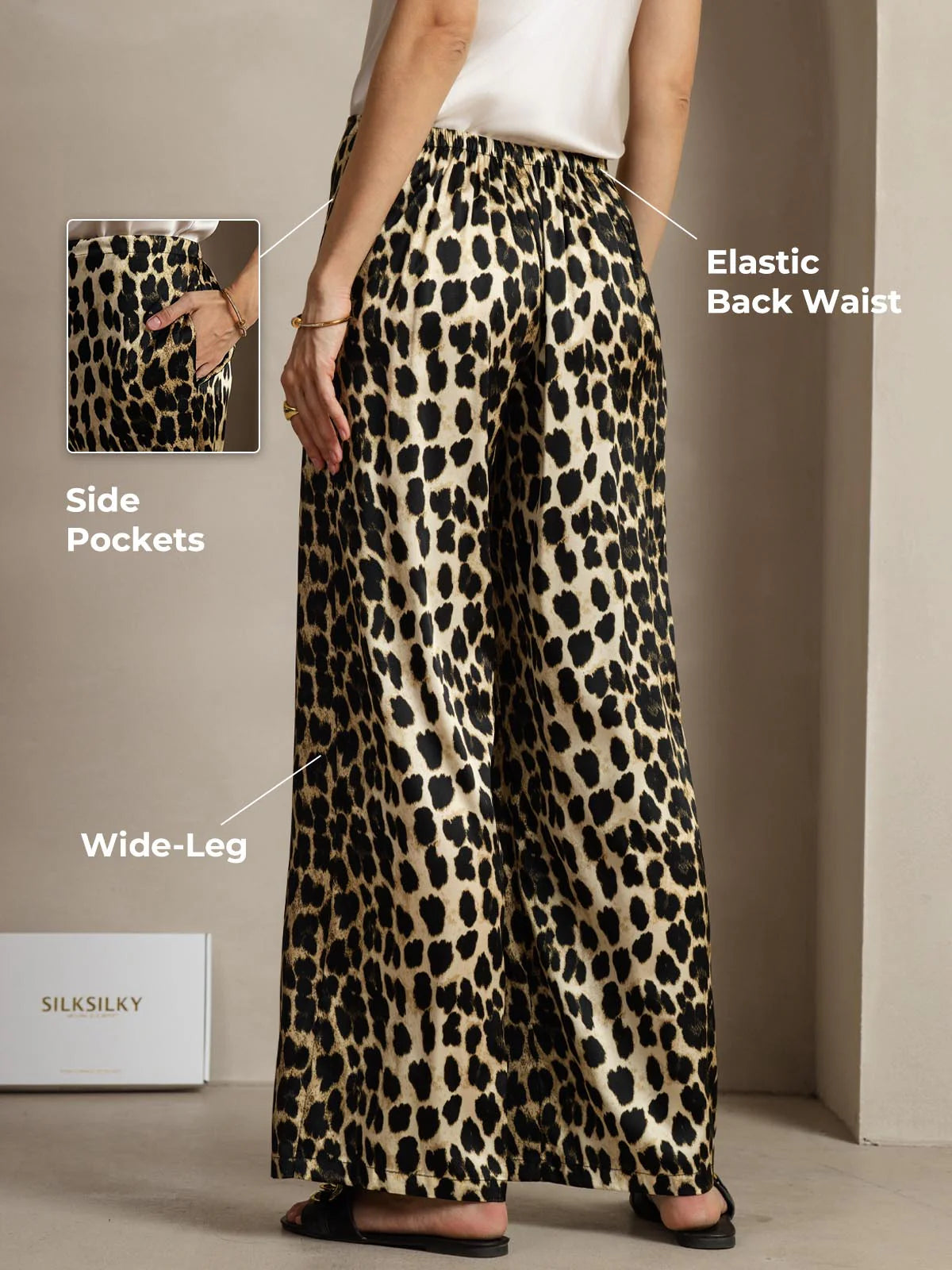 19Momme Silk Leopard Print Wide Leg Women's Pants With Side Pockets Design