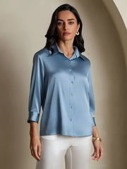 19Momme Silk 3/4 Sleeve Lapel Collar Women's Shirt with Button Up Design