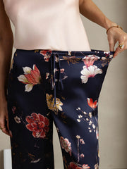 19Momme Silk Navy Floral Print Wide Leg Women's Pants With Side Pockets Design