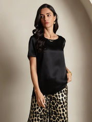 Women's Pure Silk Short Sleeve Round Neck Solid Top & Leopard Print Pants Pajamas Set