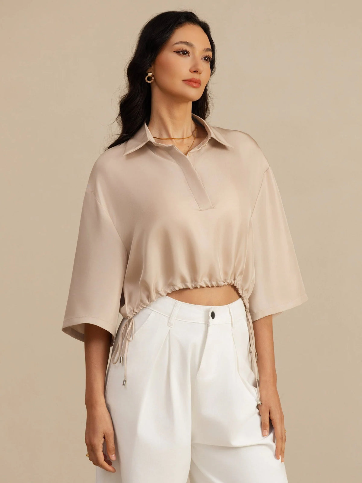 Pure Silk Women's Half Sleeve Cropped Blouse With Drawstring Hem