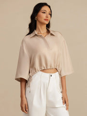 Pure Silk Women's Half Sleeve Cropped Blouse With Drawstring Hem
