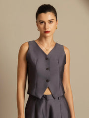 32Momme Silk-Wool Blend Women's V Neck Vest with Button Design