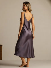 Pure Silk Spaghetti Strap Long Nightgown with Lace Split Design