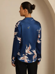 19Momme Pure Silk Long Sleeve Lapel Collar Women's Crane Print Button Blouse
