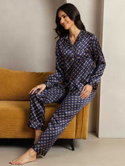 Pure Silk Navy Chain Print Long Sleeve Notch Collar Women's Pajamas Set