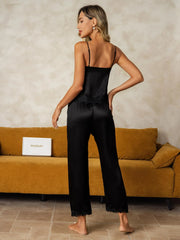 Pure Silk Spaghetti Strap Deep V Neck Cami & Pants Set with Lace Design