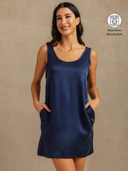 19Momme Washable Silk Sleeveless U Neck Short Nightgown with Side Pocket Design