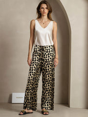 19Momme Silk Leopard Print Wide Leg Women's Pants With Side Pockets Design